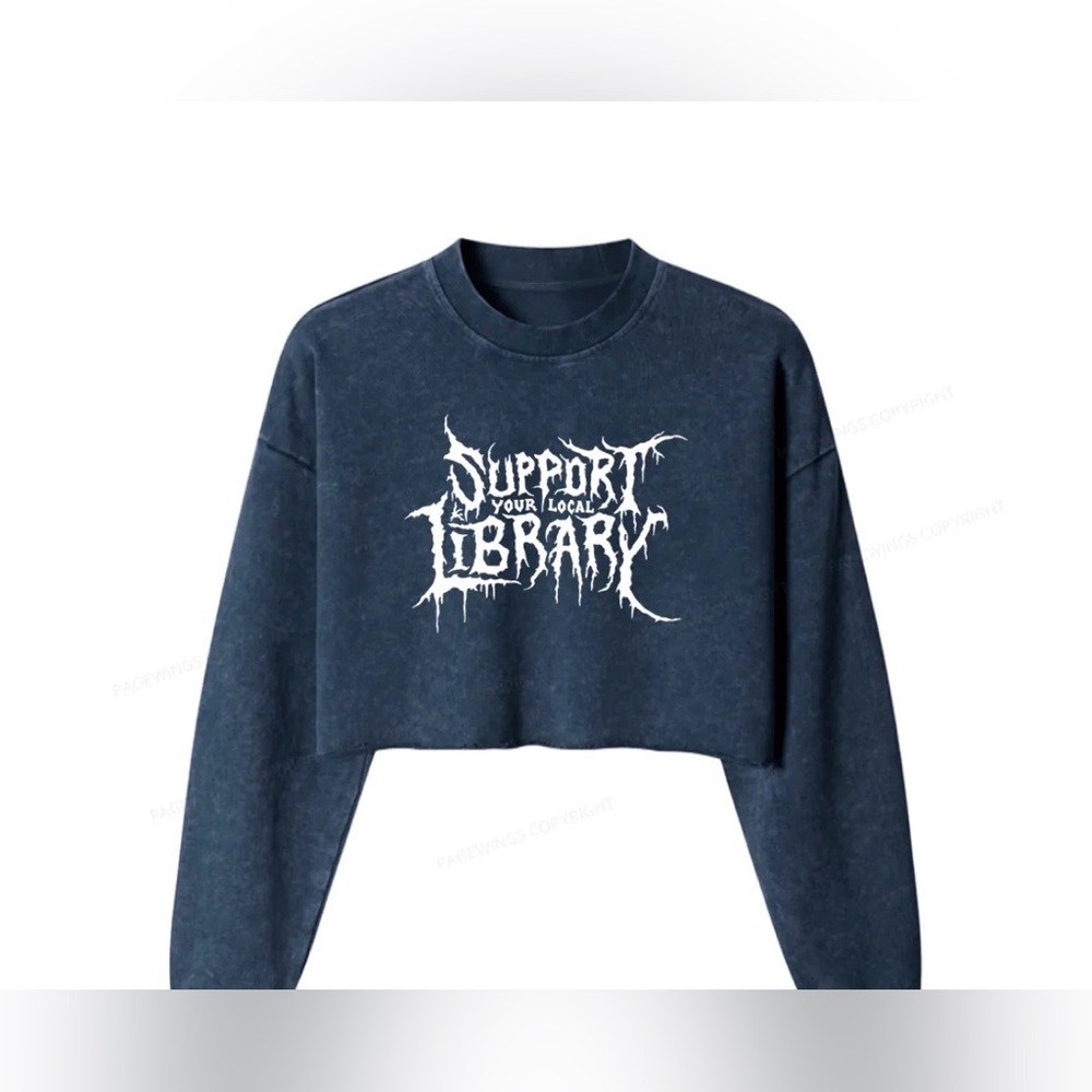NWOT cozy navy blue cropped “Support Your Local Library” sweatshirt - Women’s XL